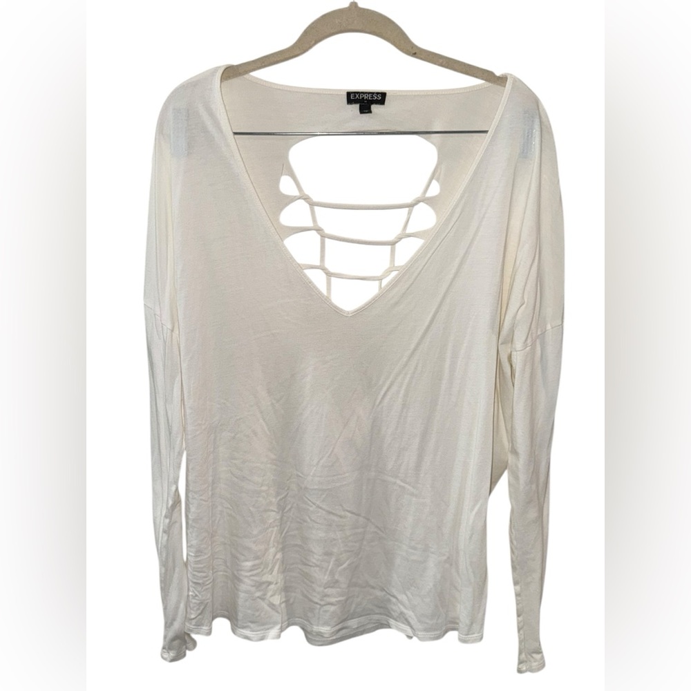 Express White Lace-Up/Cut Out‎ Back V-Neck Top